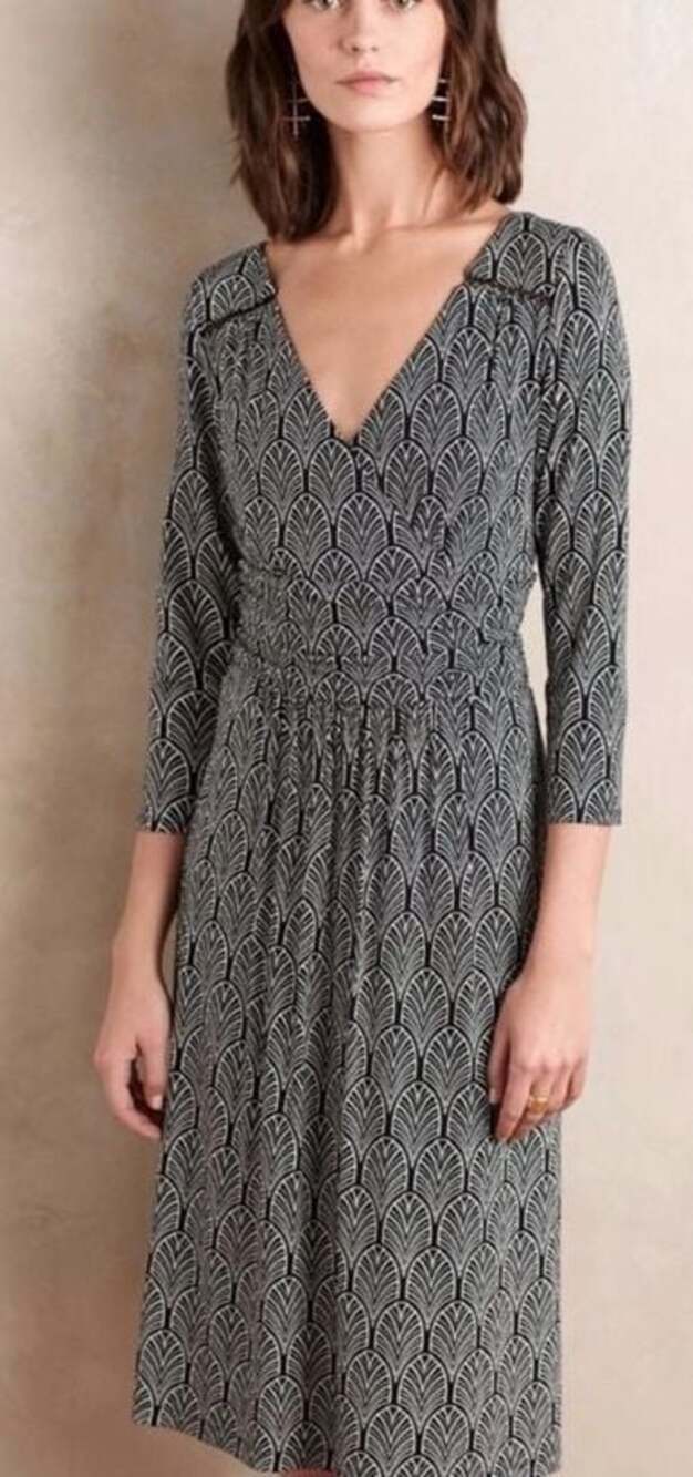 Anthropologie Maeve Galena Black and White Art Deco Print V-Neck Midi Dress - Picture 7 of 7